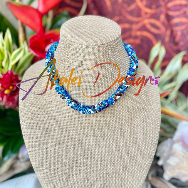 Pop-Up Mākeke - Akalei Designs - Blue, Topaz and White Dragon Scales Necklace Lei - With Logo