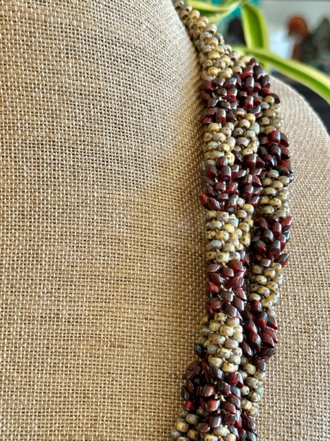Pop-Up Mākeke - Akalei Designs - Brown Picasso Segmented Kumihimo with Red Dragon Scale Necklace Lei - Close Up