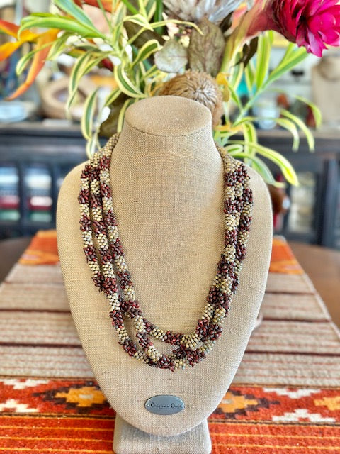 Pop-Up Mākeke - Akalei Designs - Brown Picasso Segmented Kumihimo with Red Dragon Scale Necklace Lei - Front View