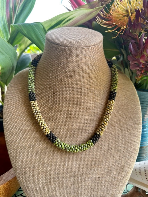 Pop-Up Mākeke - Akalei Designs - Chartreuse Green, Yellow, Brown Picasso Island Style Necklace - Front View