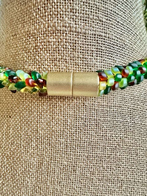 Pop-Up Mākeke - Akalei Designs - Garden Green, Gold, Topaz and Yellow Scales Necklace Lei - Front View Close Up