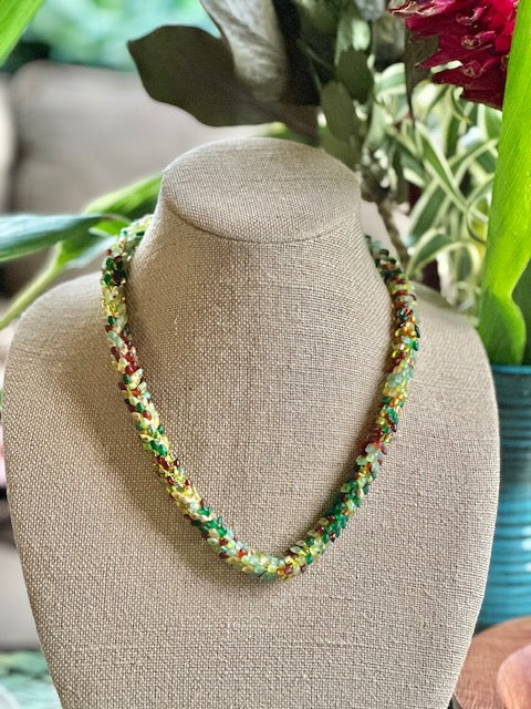 Pop-Up Mākeke - Akalei Designs - Garden Green, Gold, Topaz and Yellow Scales Necklace Lei - Front View Close Up