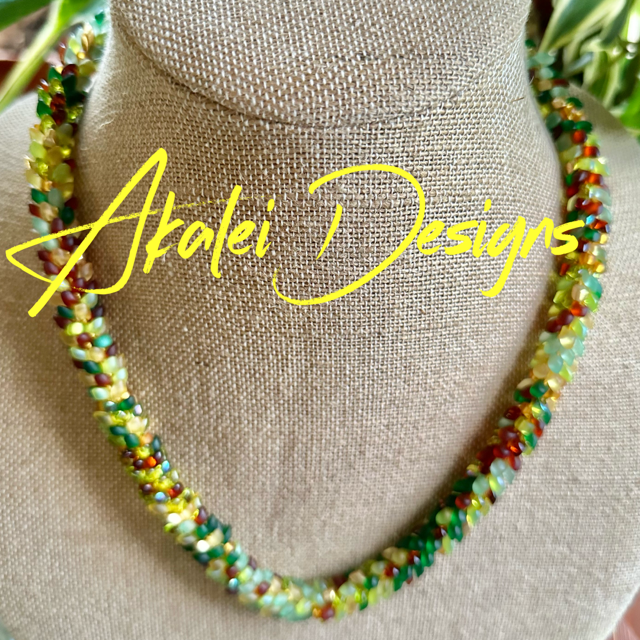 Pop-Up Mākeke - Akalei Designs - Garden Green, Gold, Topaz and Yellow Scales Necklace Lei - With Logo - Close Up