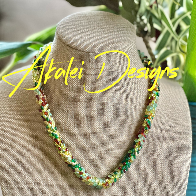 Pop-Up Mākeke - Akalei Designs - Garden Green, Gold, Topaz and Yellow Scales Necklace Lei - With Logo