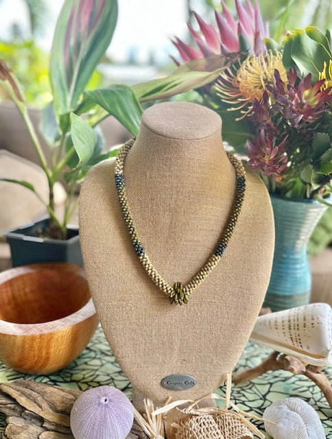 Pop-Up Mākeke - Akalei Designs - Green & Yellow "Forbidden Island" Necklace with Green Picasso Twist Beads - Front View