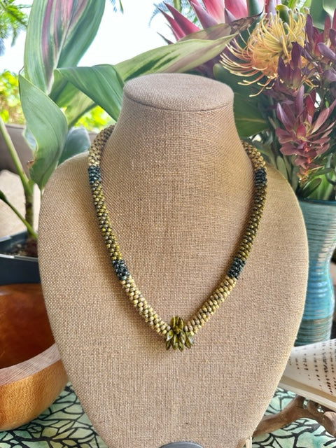 Green & Yellow "Forbidden Island" Necklace with Green Picasso Twist Beads - 25"