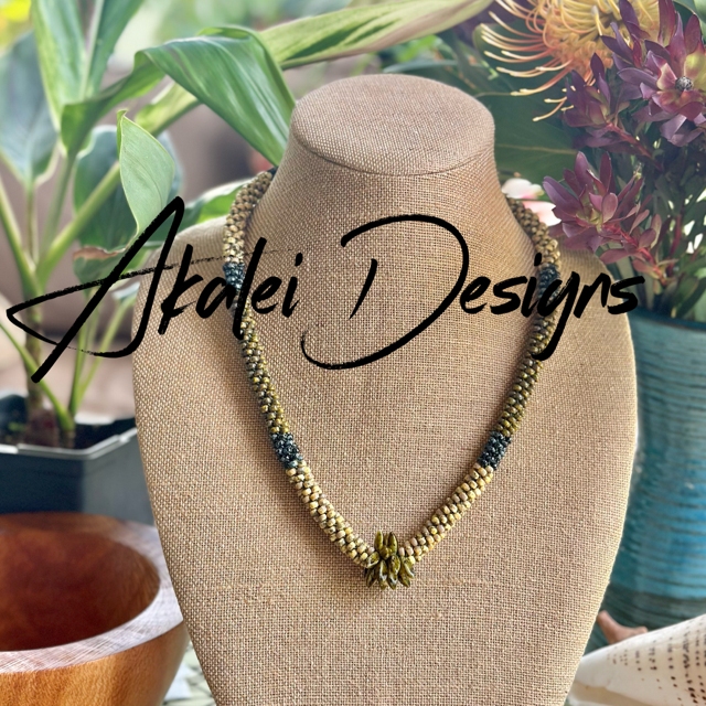 Pop-Up Mākeke - Akalei Designs - Green & Yellow "Forbidden Island" Necklace with Green Picasso Twist Beads - With Logo