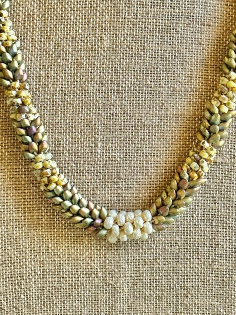 Pop-Up Mākeke - Akalei Designs - Khaki Metallic and Yellow Dragon Scales with White Baroque Necklace - Front View