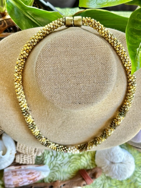 Pop-Up Mākeke - Akalei Designs - Khaki Metallic and Yellow Dragon Scales with White Baroque Necklace - Top View