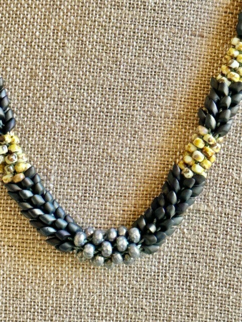 Pop-Up Mākeke - Akalei Designs - Khaki and Yellow Picasso with Olive Baroque Necklace - Close Up