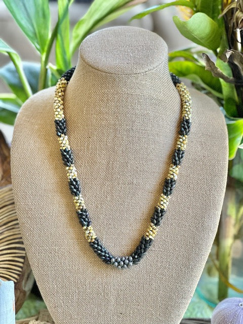 Pop-Up Mākeke - Akalei Designs - Khaki and Yellow Picasso with Olive Baroque Necklace - Front View