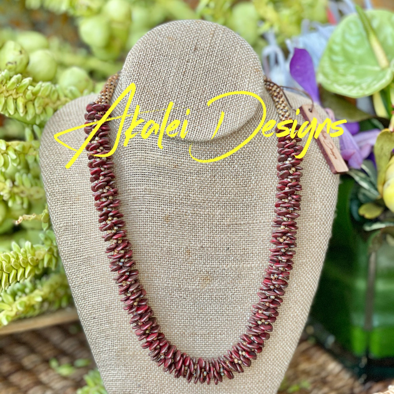 Pop-Up Mākeke - Akalei Designs - Red and Brown Picasso Orchid Lei Necklace - With Logo