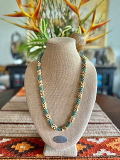 Pop-Up Mākeke - Akalei Designs - Sea Foam Green and Yellow Picasso Segmented Kumihimo Necklace Lei - Front View