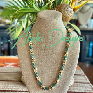 Pop-Up Mākeke - Akalei Designs - Sea Foam Green and Yellow Picasso Segmented Kumihimo Necklace Lei - With Logo