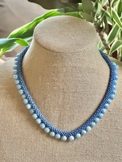 Pop-Up Mākeke - Akalei Designs - Sky Blue Briolette Drops - Hawaiian Necklace Lei - Front View Close Up