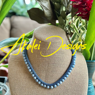 Pop-Up Mākeke - Akalei Designs - Sky Blue Briolette Drops - Hawaiian Necklace Lei - With Yellow Logo