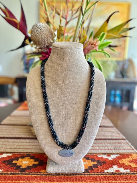 Pop-Up Mākeke - Akalei Designs - Transparent Red Picasso with Matte Black Dragon Scales "Kane" Necklace - Front View