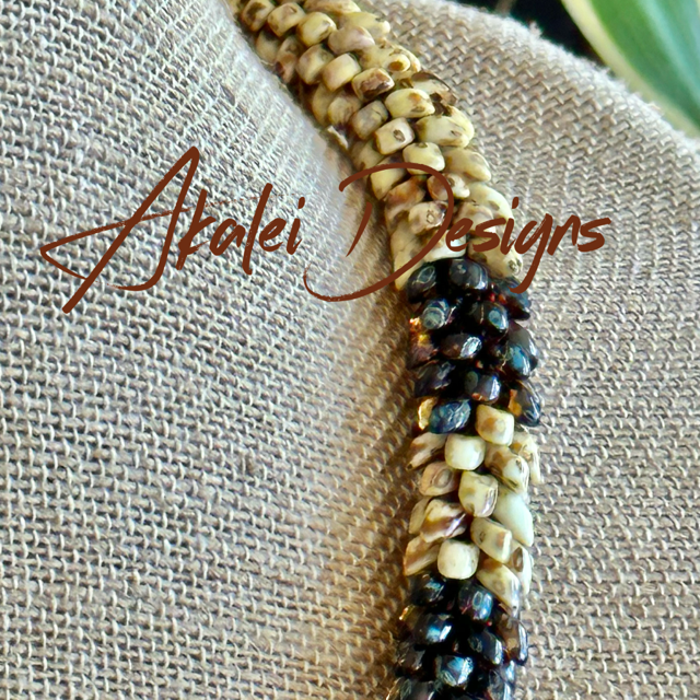 Pop-Up Mākeke - Akalei Designs - Yellow Picasso Dragon Scales w/ Transparent Topaz Beads Necklace - Close Up - With Logo