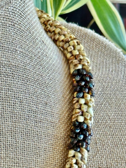 Pop-Up Mākeke - Akalei Designs - Yellow Picasso Dragon Scales w/ Transparent Topaz Beads Necklace - Close Up