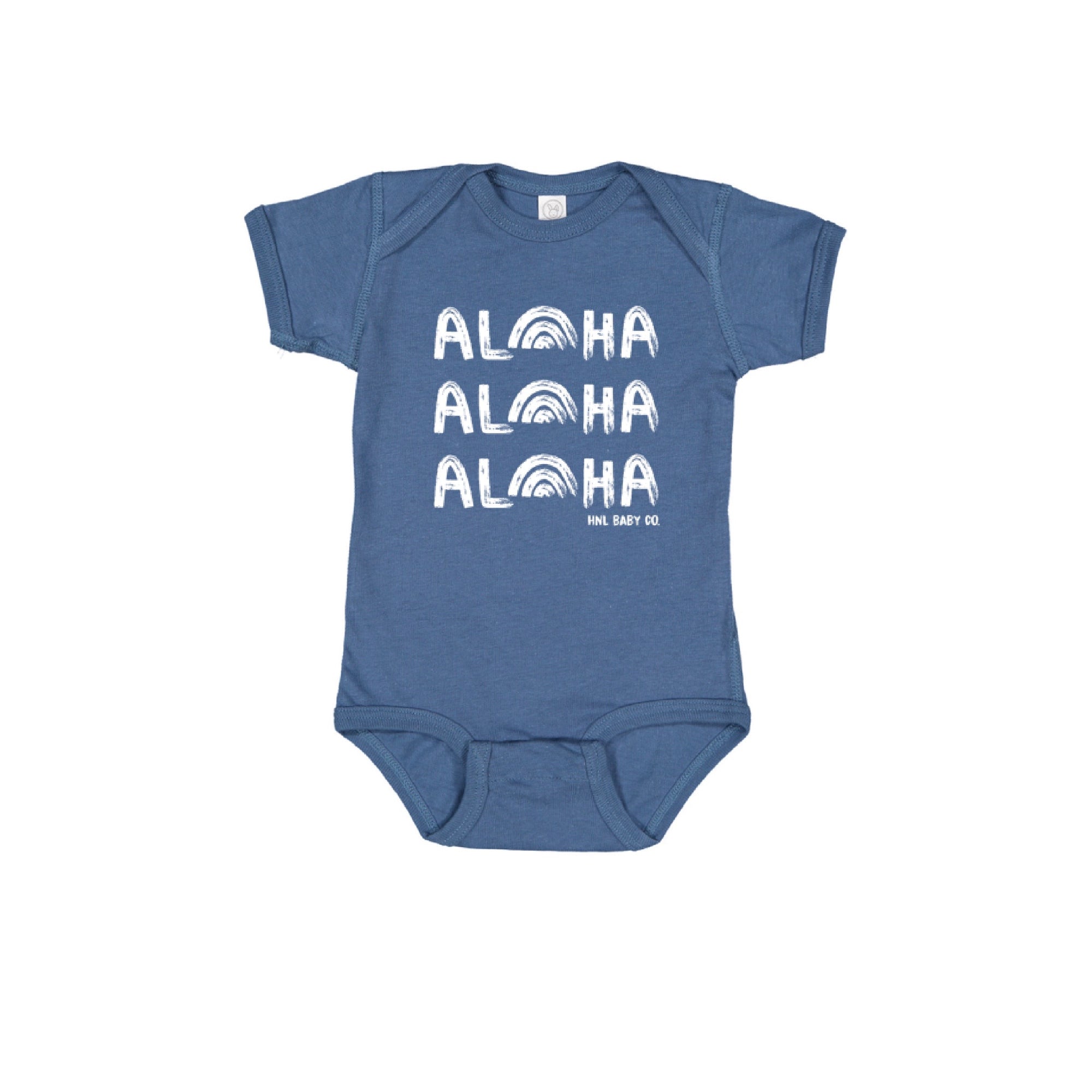 Pop-Up Mākeke - Honolulu Baby Co. - Aloha, Aloha, Aloha Baby Onesie - Indigo