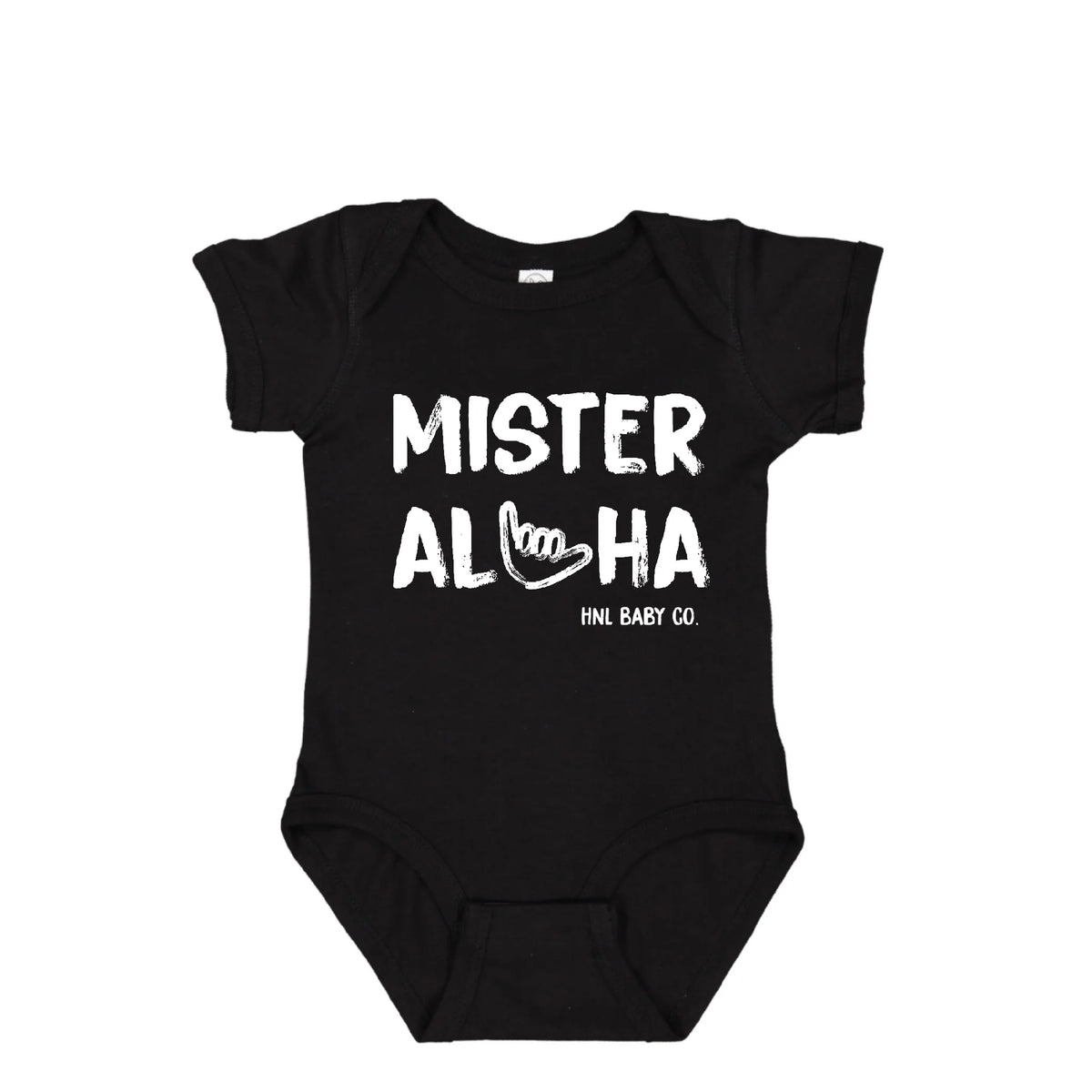 Pop-Up Mākeke - Honolulu Baby Co. - Mister Aloha Shaka Baby Onesie - Black - Front View