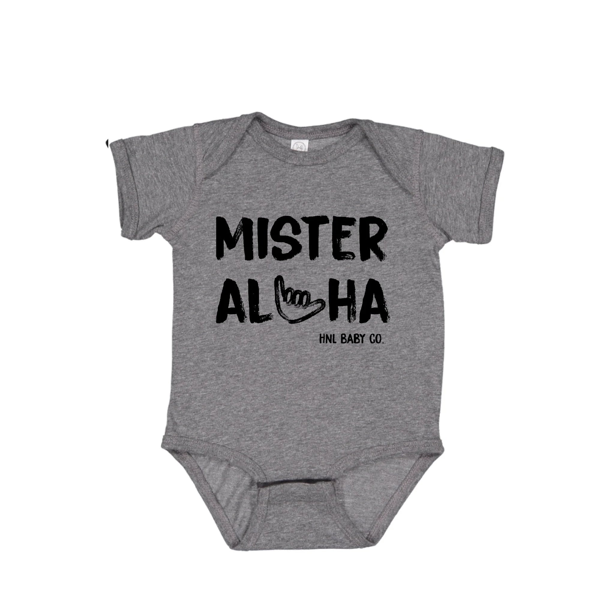 Pop-Up Mākeke - Honolulu Baby Co. - Mister Aloha Shaka Baby Onesie - Granite Heather - Front View