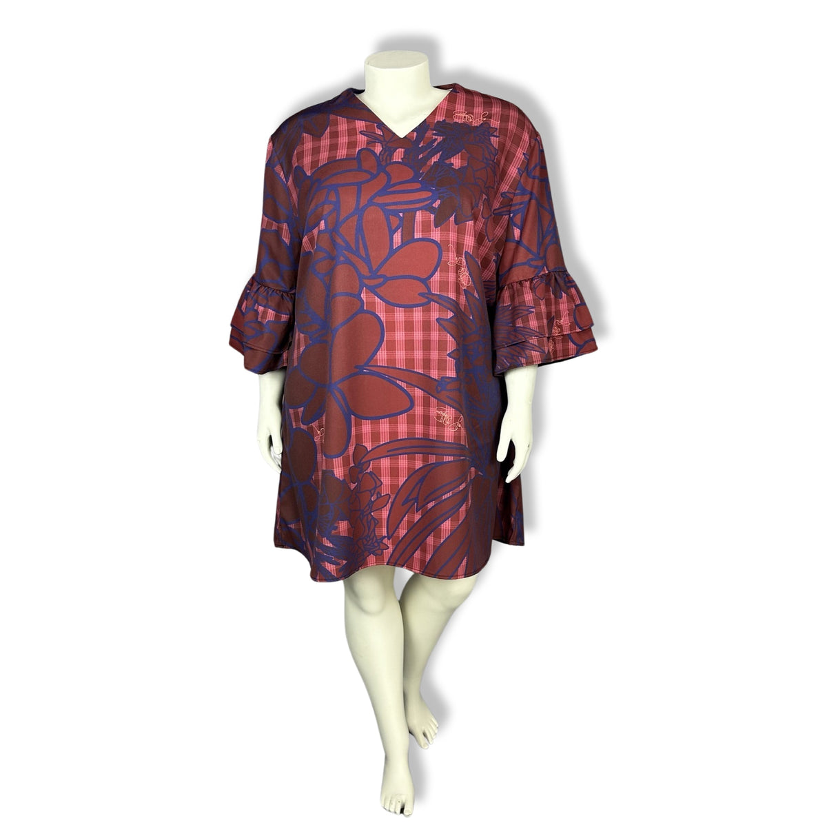 Pop-Up Mākeke - Kini Zamora - Puamelia Flare Sleeve Tunic Dress - Passion - Front View