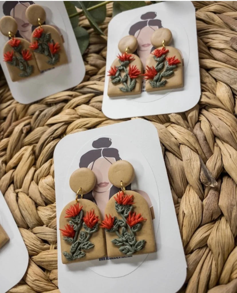 Pop-Up Mākeke - Moani's Creations - Ohia Lehua Earrings - Close Up