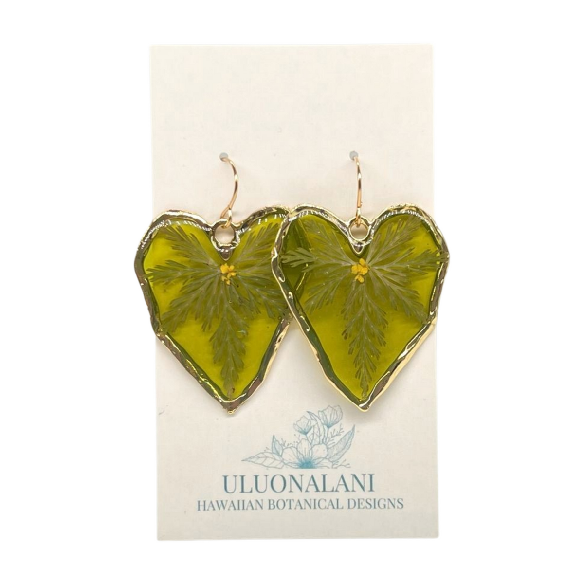 Pop-Up Mākeke - Uluonalani Designs - Large Kalo Dangle Earrings - Front View