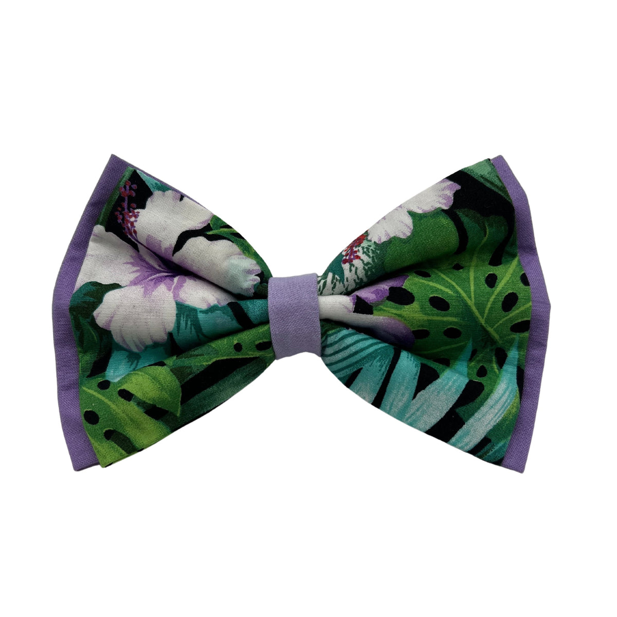 Pop-Up Mākeke - humBOWbarks Pet Wear - Small Double Bow Tie - Purple Hibiscus - Front View