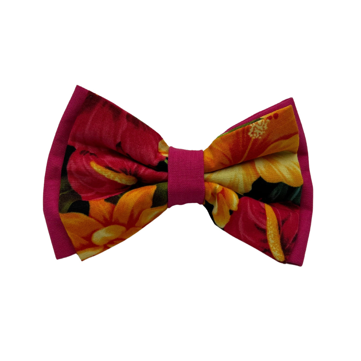 Pop-Up Mākeke - humBOWbarks Pet Wear - Small Double Bow Tie - Pink Hibiscus - Front View