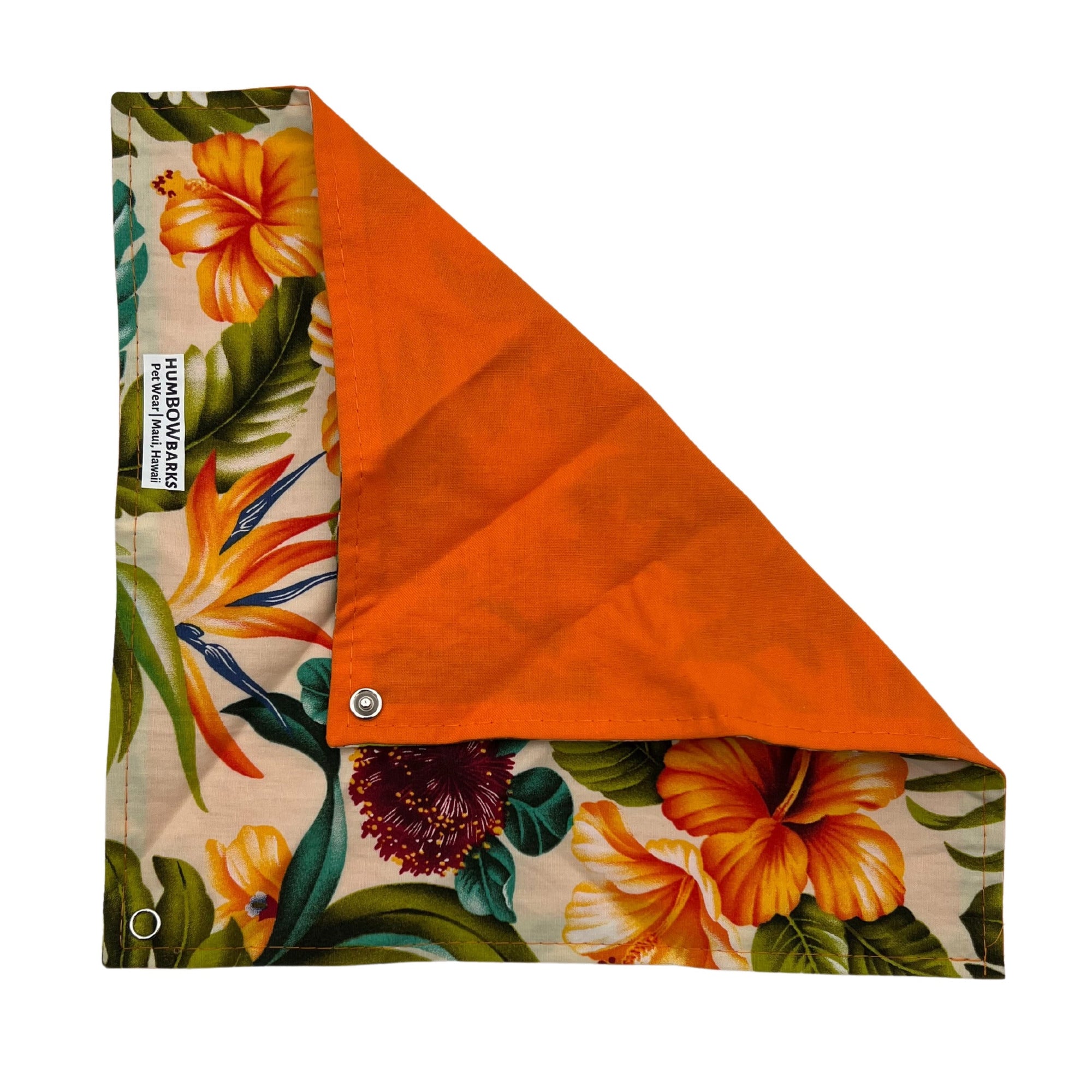 Pop-Up Mākeke - humBOWbarks Pet Wear - Small Reversible Bandana - Orange Hibiscus - Front View