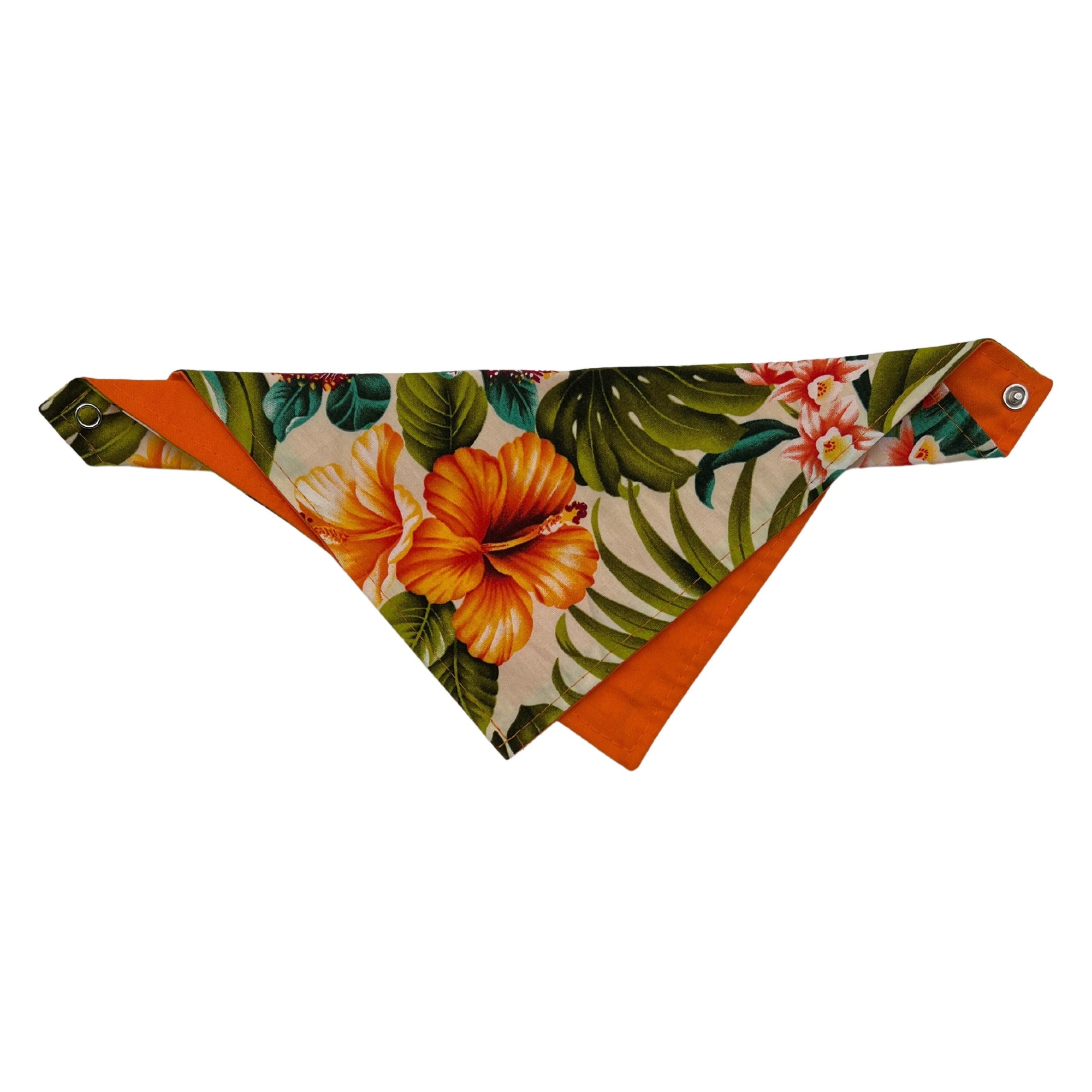 Pop-Up Mākeke - humBOWbarks Pet Wear - Small Reversible Bandana - Orange Hibiscus - Front View