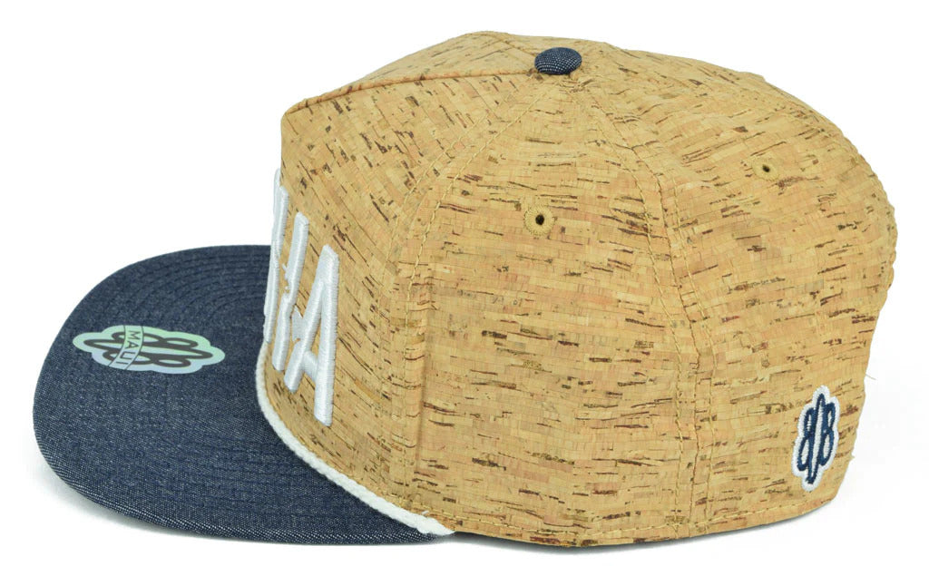 Pop-Up Mākeke - 808 Clothing - Aloha with Islands 3D Flat Bill Hat - Cork & Blue Denim - Left View