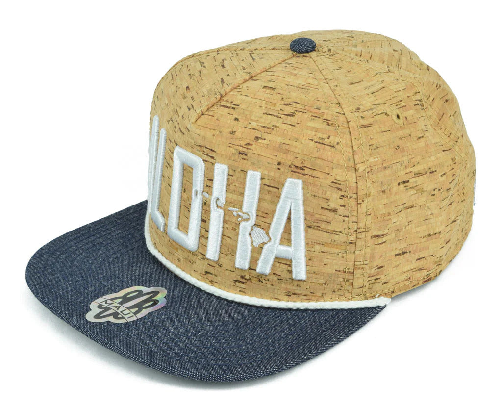 Pop-Up Mākeke - 808 Clothing - Aloha with Islands 3D Flat Bill Hat - Cork & Blue Denim - Side View