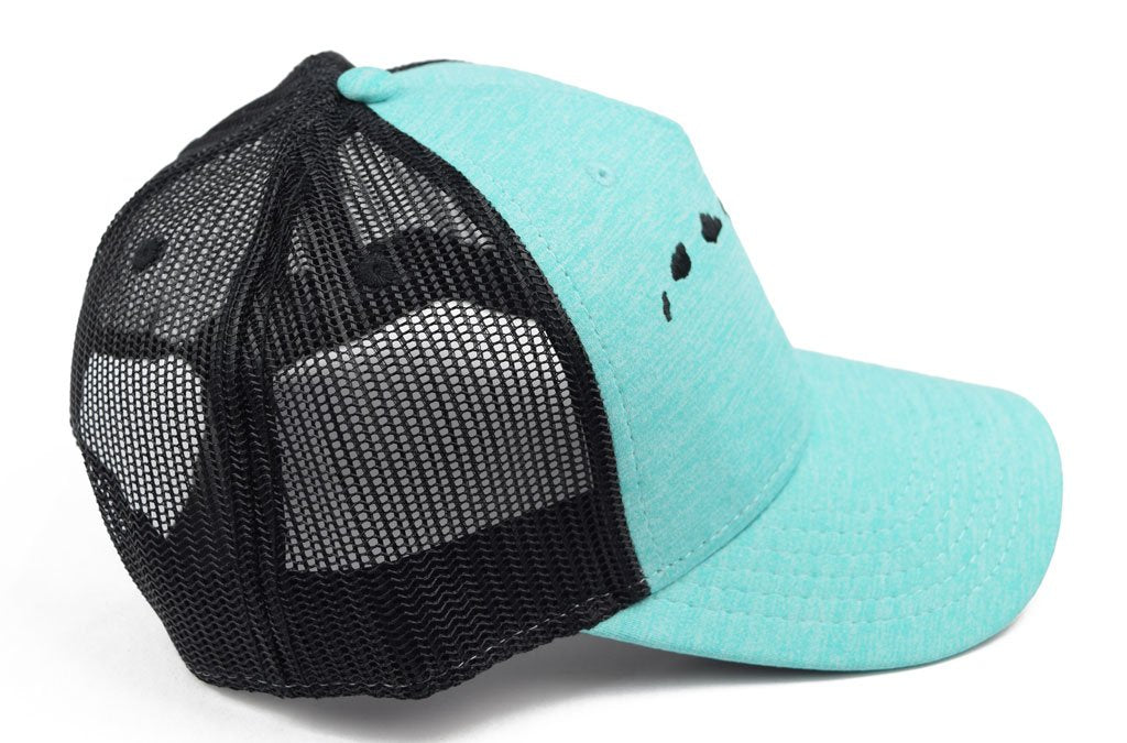 Pop-Up Mākeke - 808 Clothing - Hawaiian Islands Trucker Hat in Heather Seafoam & Black - Right Side View