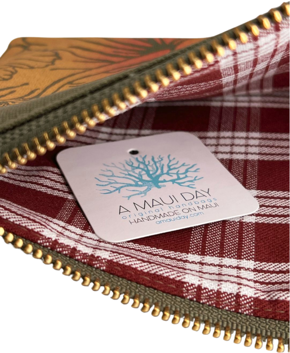 Handprinted Small Handbag - Hibiscus on Olive Canvas