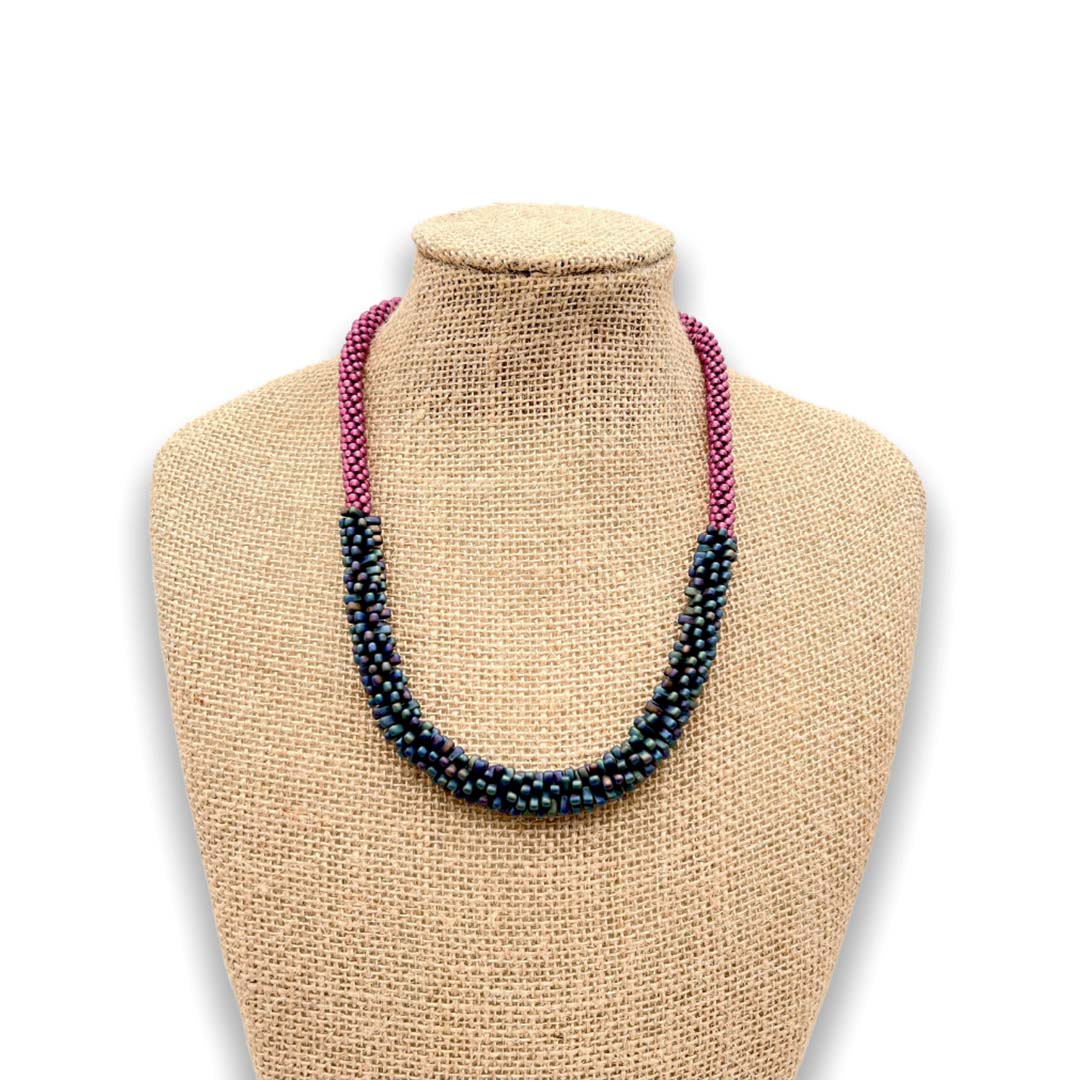 Pop-Up Mākeke - Akalei Designs - Peony Pink Lilikoi Lei Necklace with Matte Blue Rainbow Long Drops