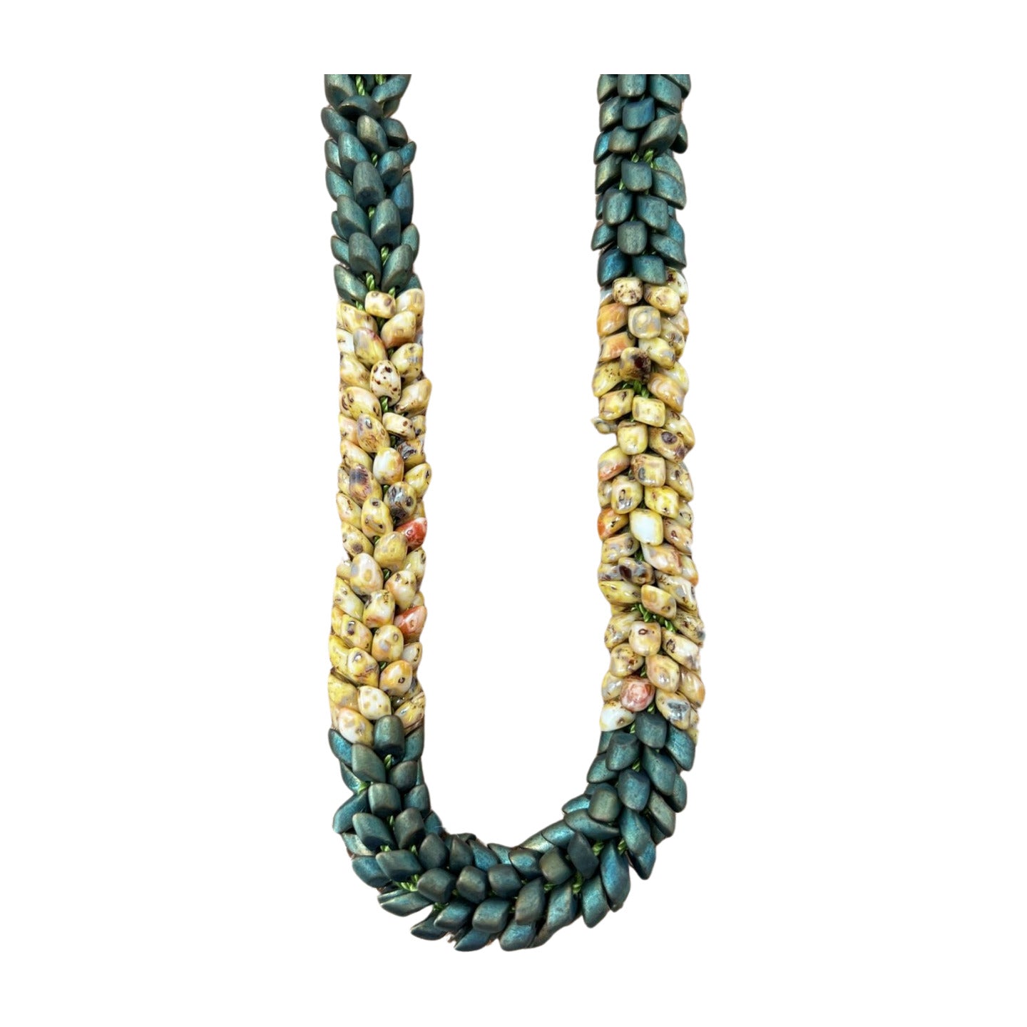 Pop-Up Mākeke - Akalei Designs - Picasso Yellow & Metallic Green Dragon Scales Necklace  - 27in - Close Up