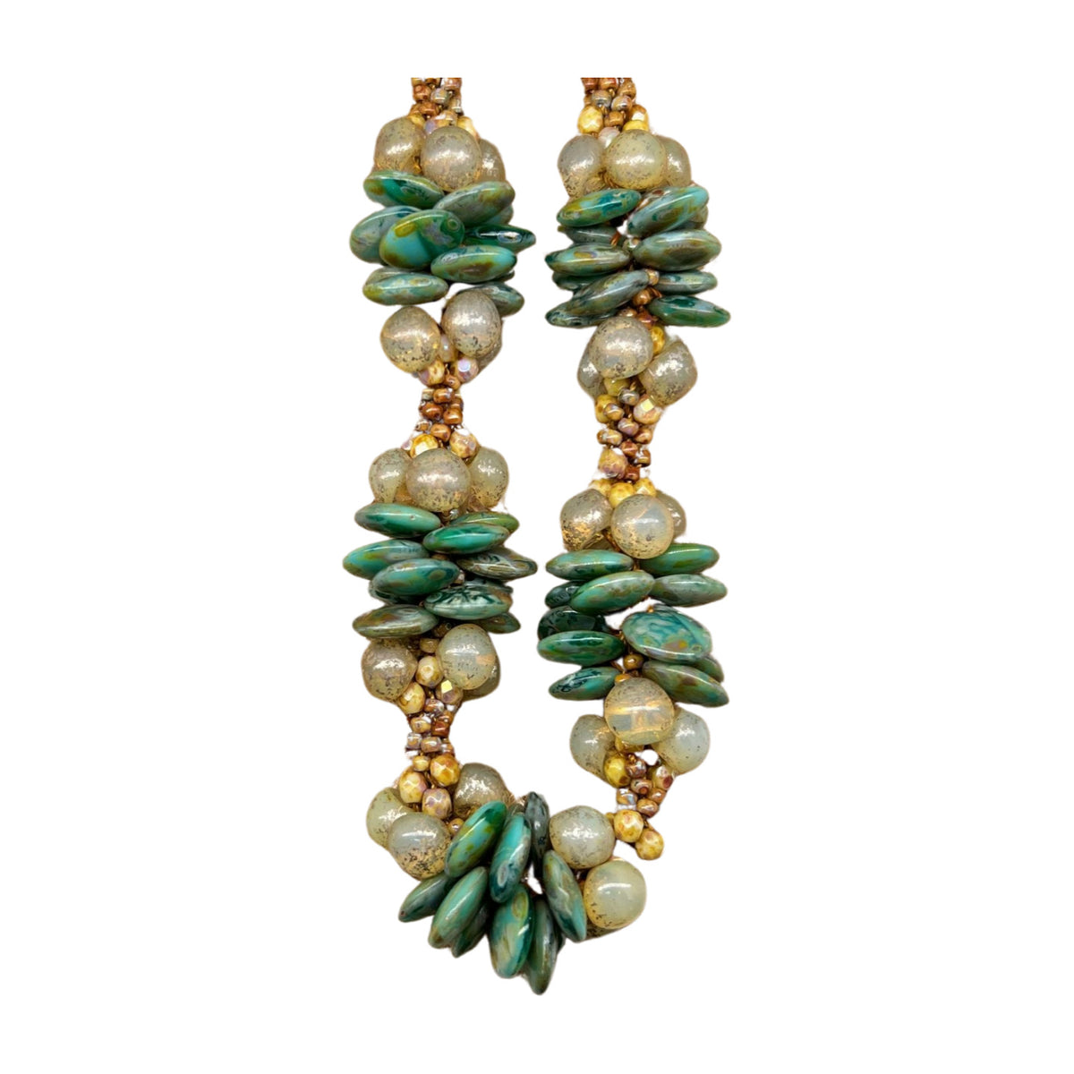 Pop-Up Mākeke - Akalei Designs - Sage Green Picasso Lentil Beaded Hawaiian Haku Lei Mini (5 Clusters)  - 25in - Close Up