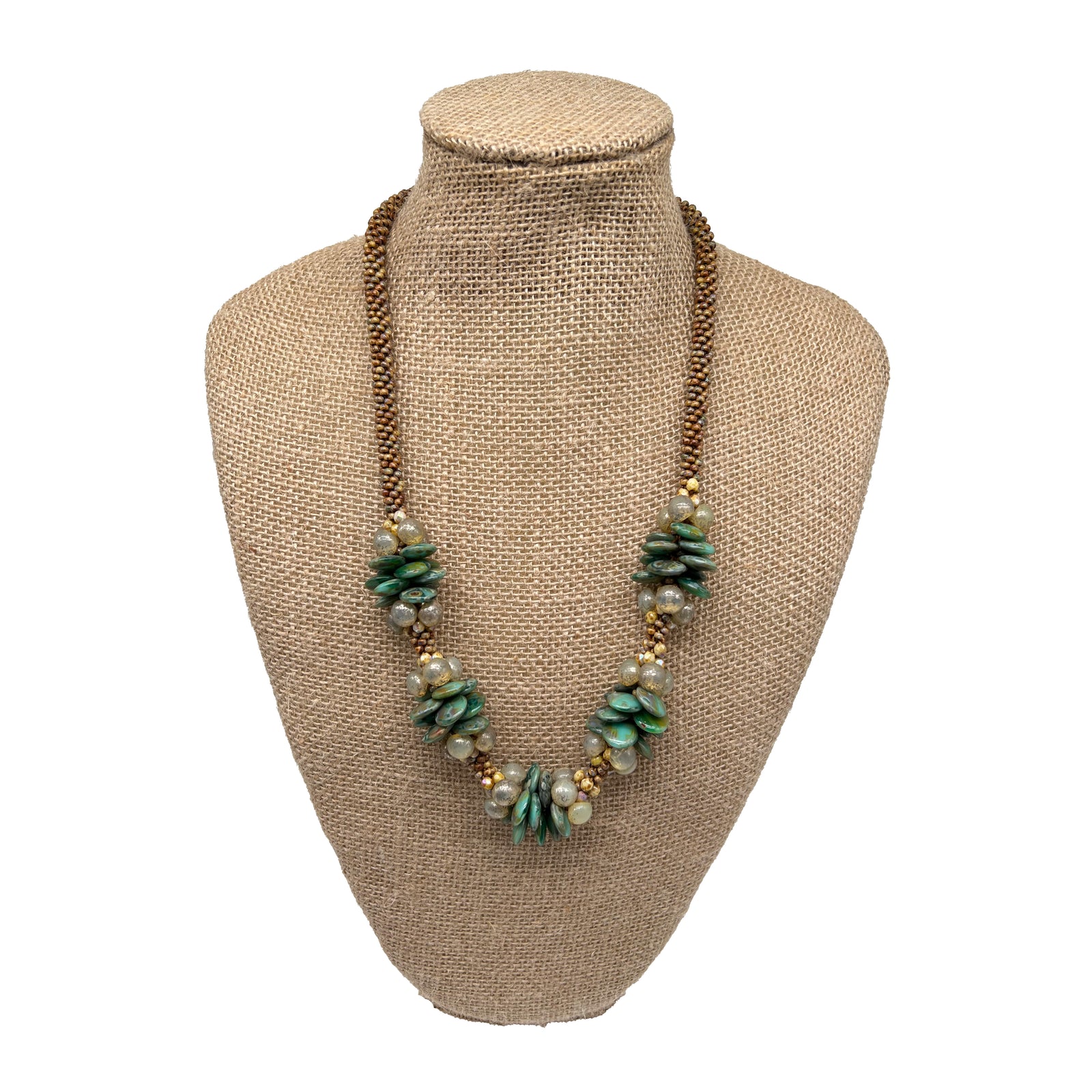 Pop-Up Mākeke - Akalei Designs - Sage Green Picasso Lentil Beaded Hawaiian Haku Lei Mini (5 Clusters)  - 25in - Front View