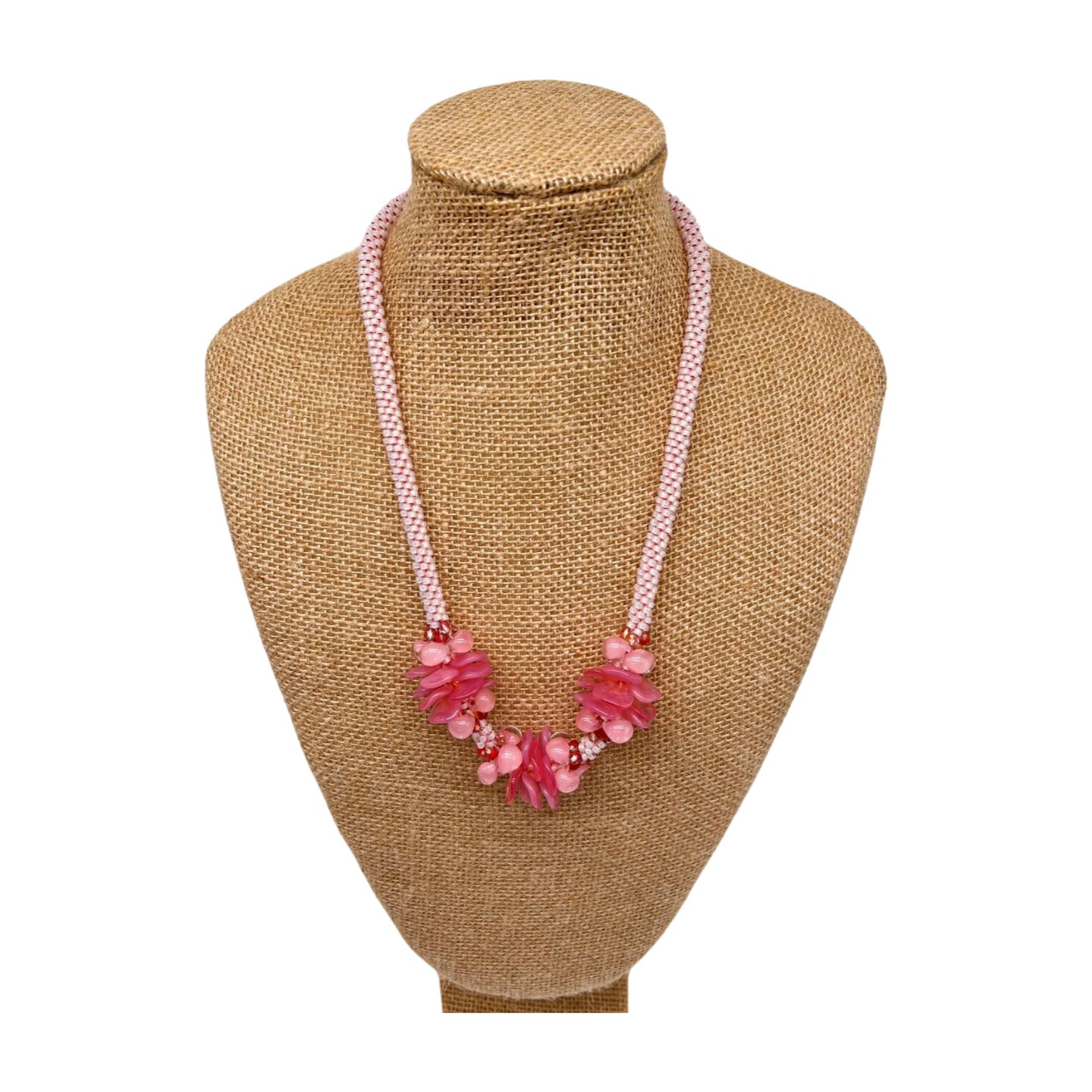 Pop-Up Mākeke - Akalei Designs - Transparent Pink Hawaiian Haku Mini (3 Cluster) Lei with Pink Unicorn Beads - 23in - Front View