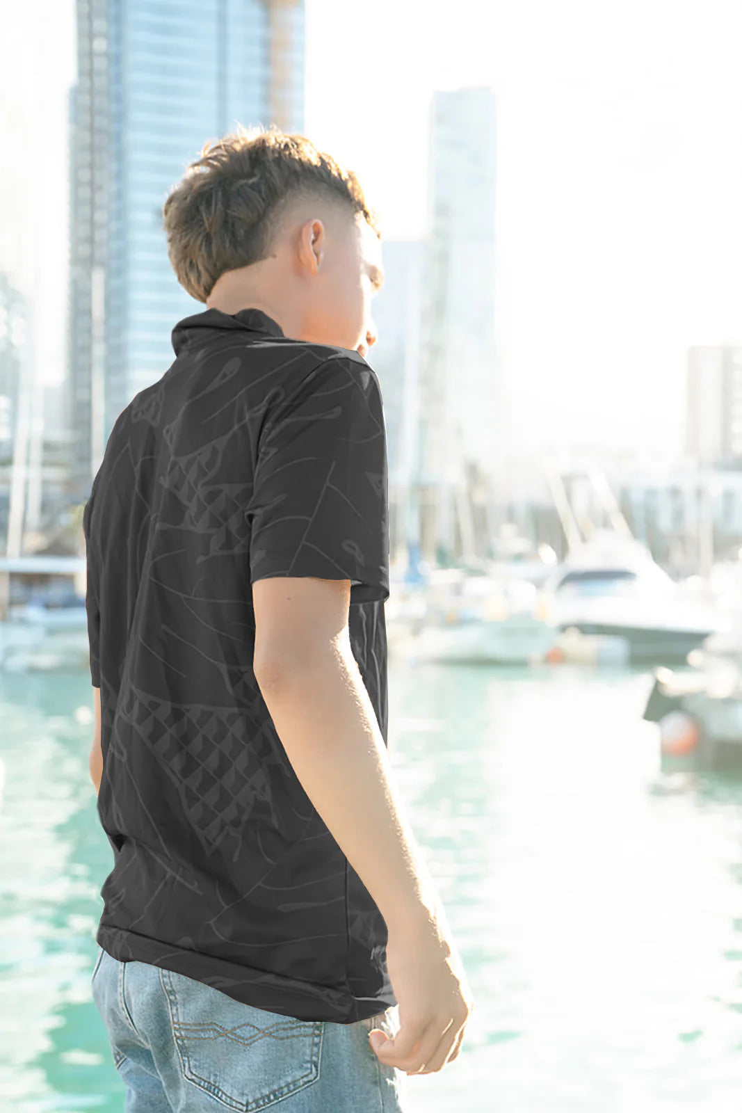 Pop-Up Mākeke - Aloha Modern - 'Ulu Mesh Polo Shirt - Black - In Use