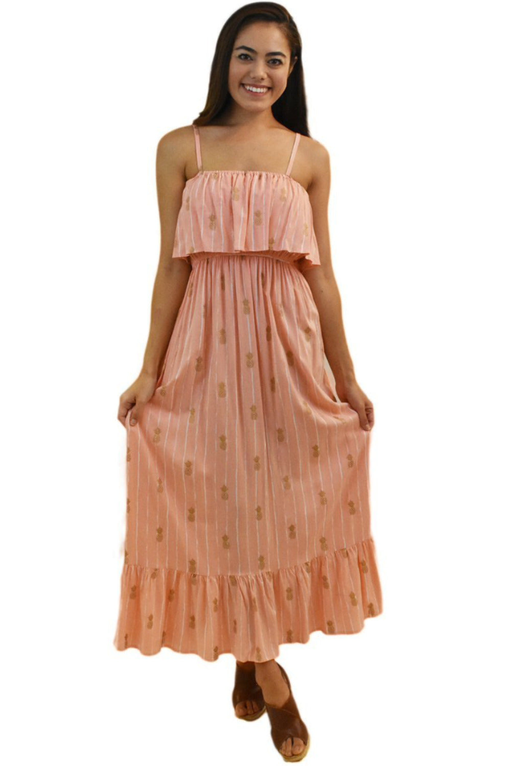 Pop-Up Mākeke - Angels by the Sea Hawaii - Moana Long Dress in Pineapple Print - Coral