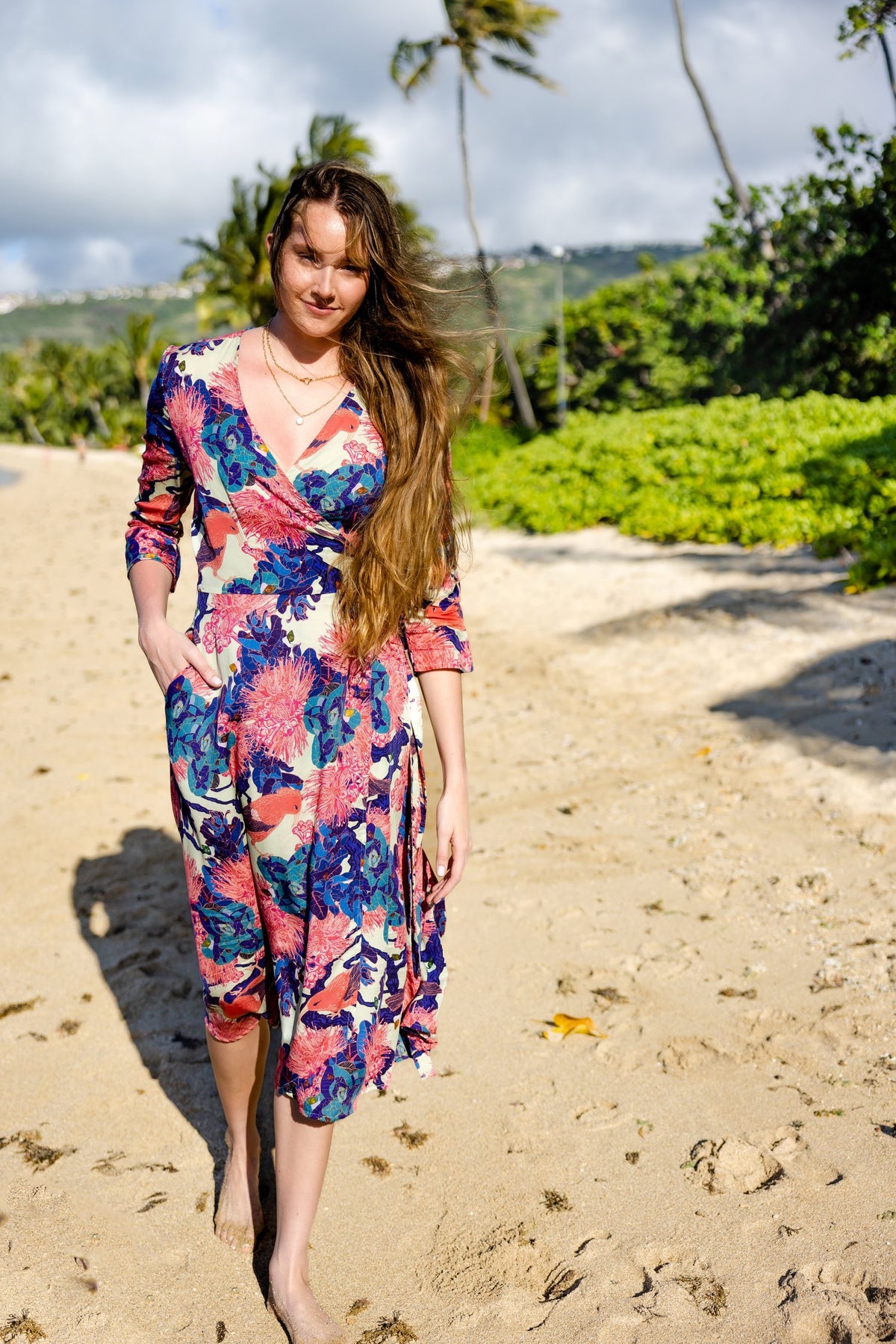 Pop-Up Mākeke - David Shepard Hawaii - Kaniakapūpū Lehua &#39;Ula Women&#39;s Midi Wrap Dress - Front View