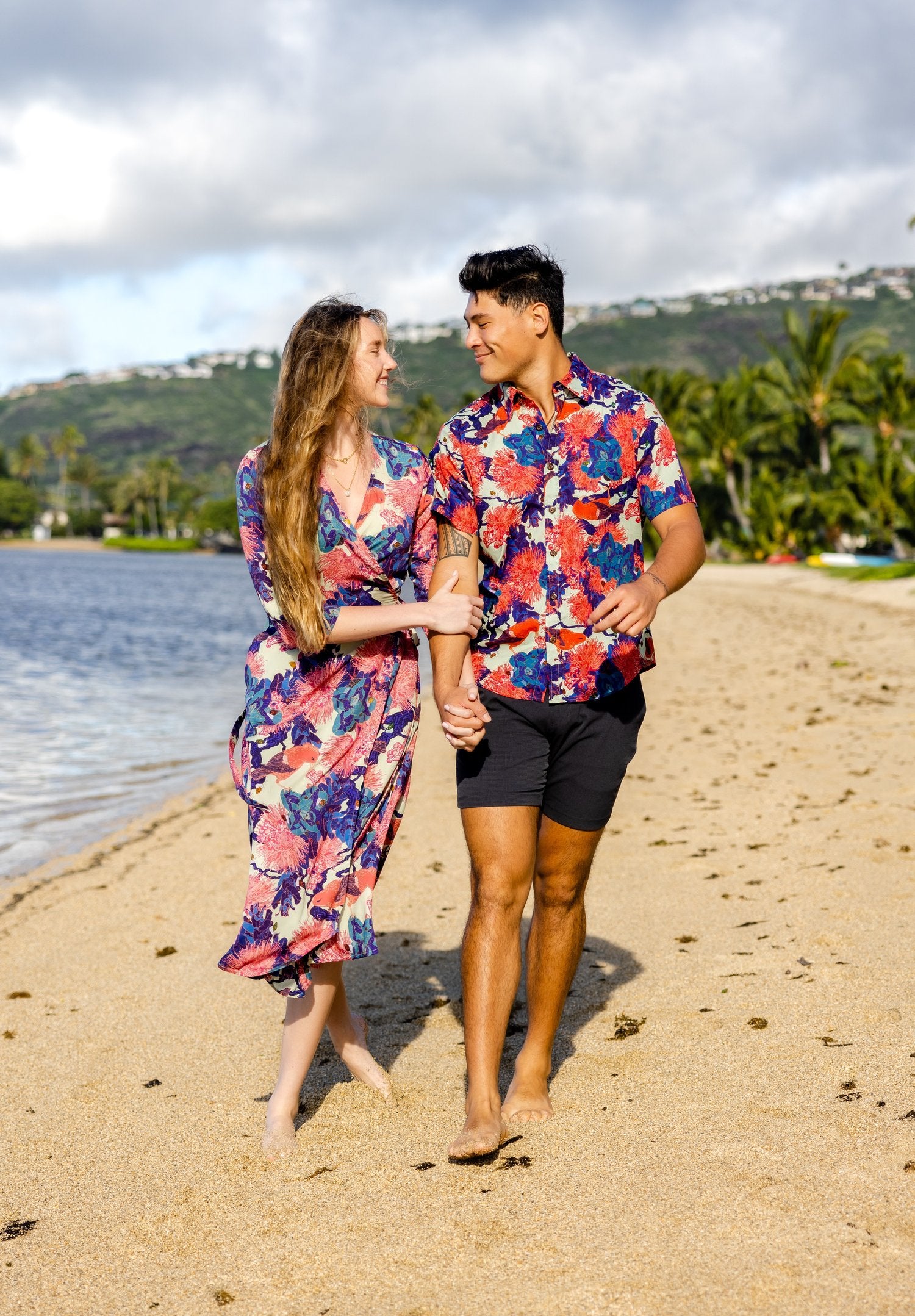 Pop-Up Mākeke - David Shepard Hawaii - Kaniakapūpū Lehua 'Ula Women's Midi Wrap Dress - With Male Model