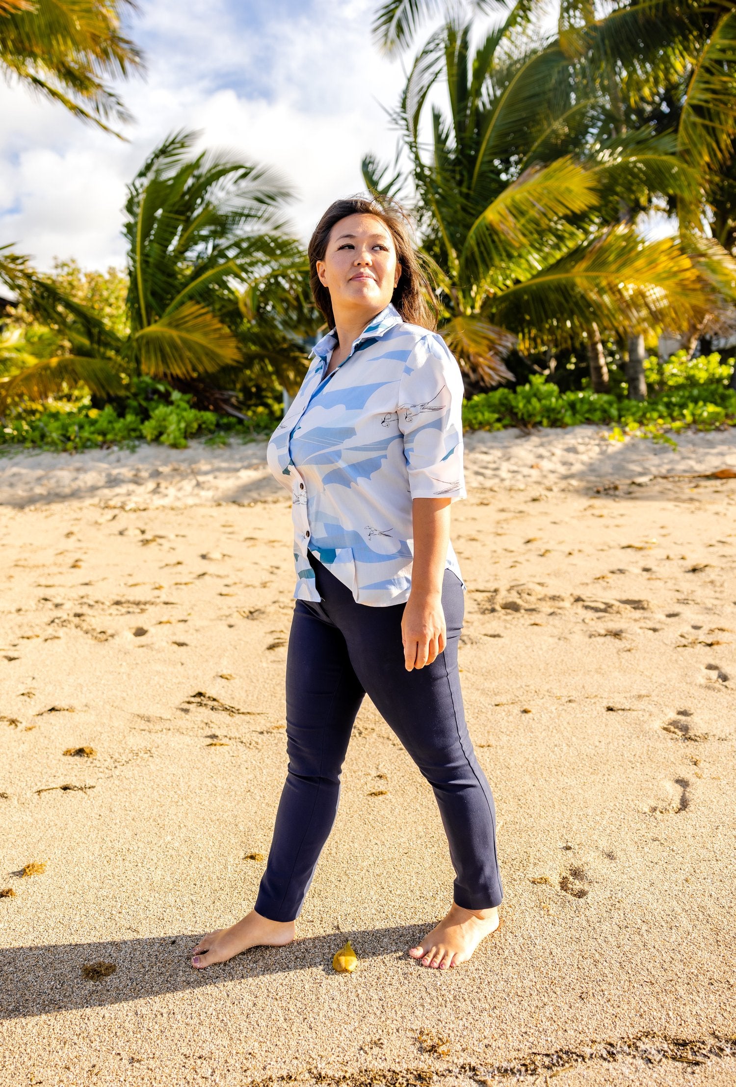 Pop-Up Mākeke - David Shepard Hawaii - Soaring Koa'Kea Women's Half Sleeve Aloha Shirt - Side View