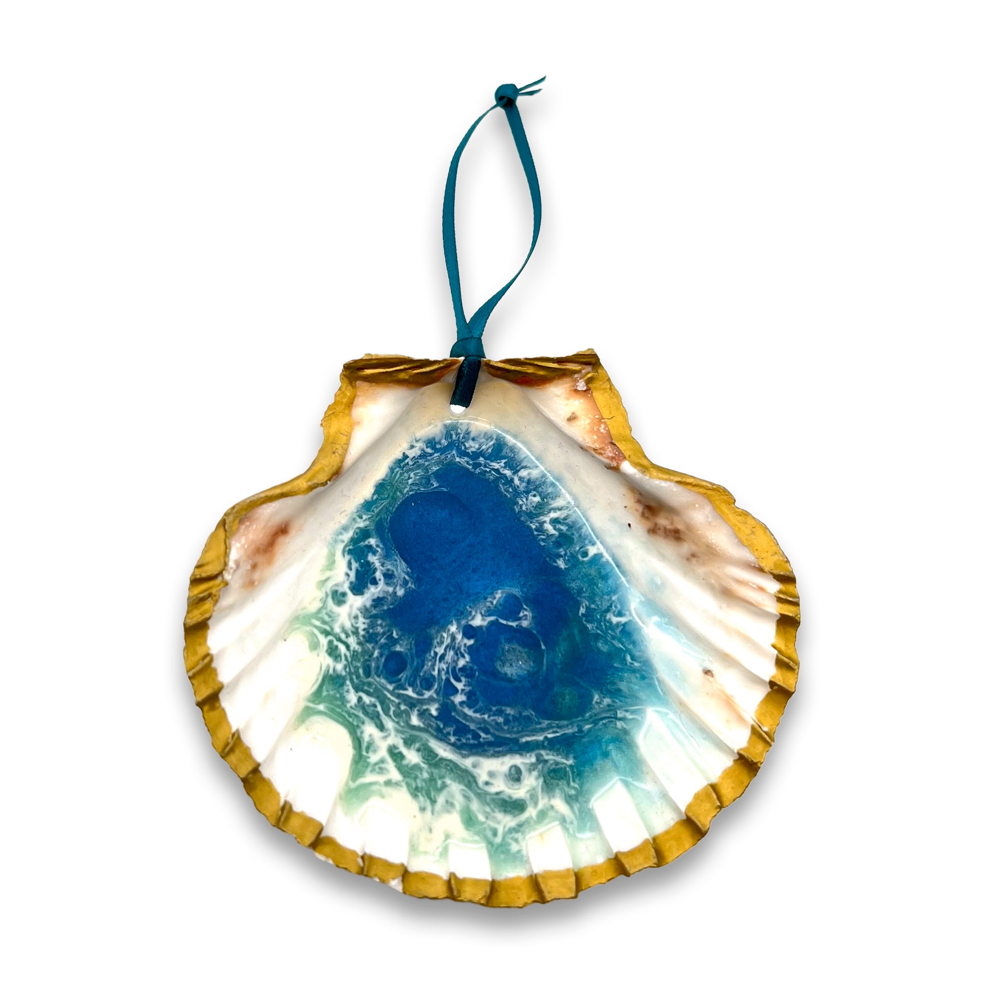 Pop-Up Mākeke - Flattery Designs - Ocean Resin Scallop Shell Ornament - Light Blue & Green