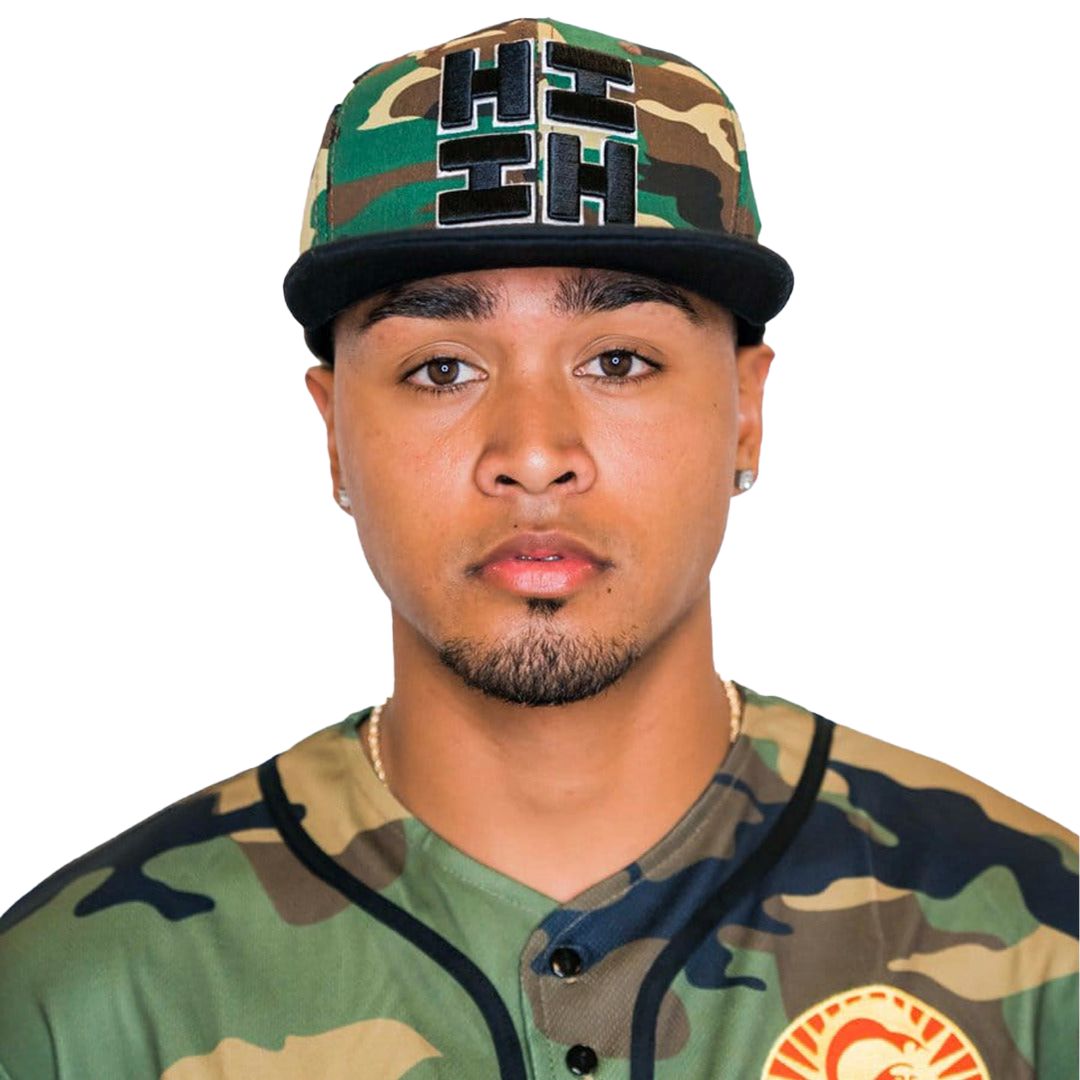 Pop-Up Mākeke - Hawaii's Finest - Camo & Black Logo Snapback Hat - Close Up