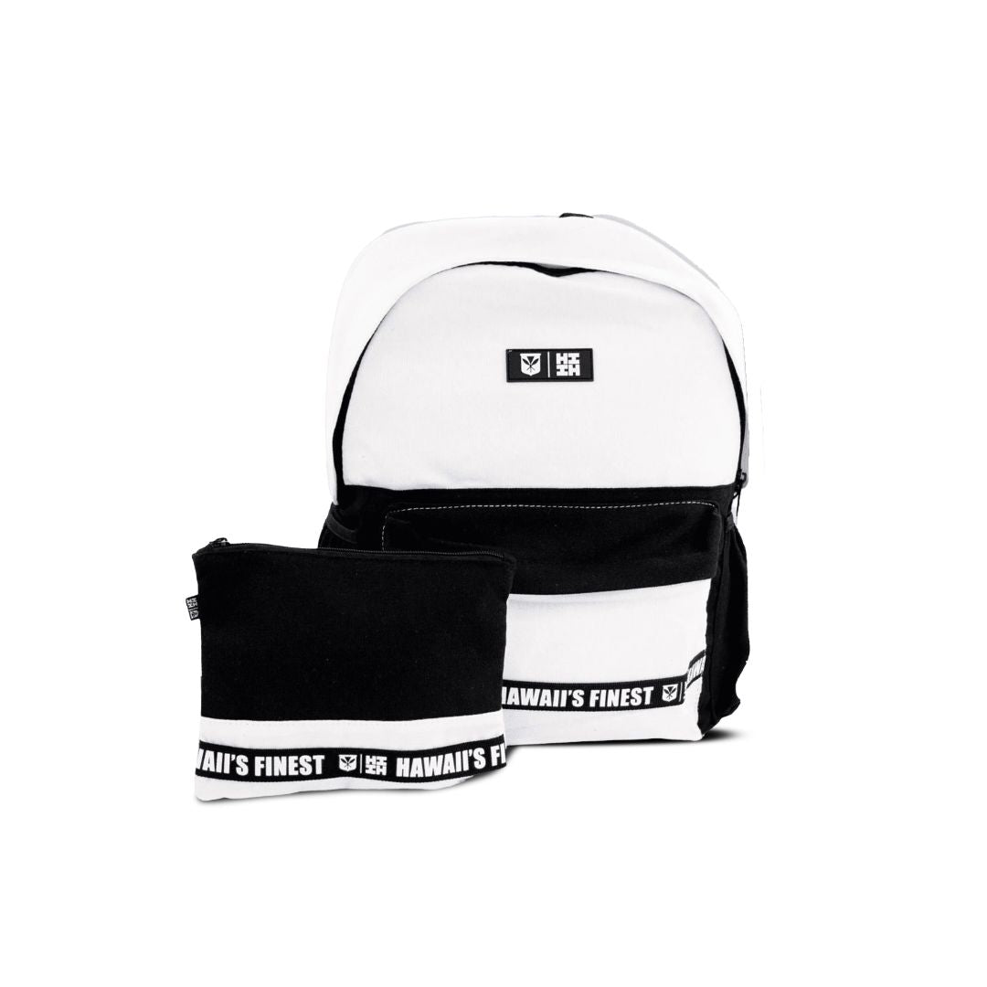 White Color Block Canvas Backpack & Wristlet Set